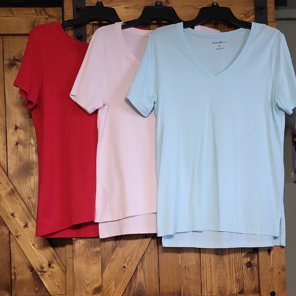 Eddie Bauer Women's Short Sleeve Tees - Scarlet, Blush, Sky Blue.All 3